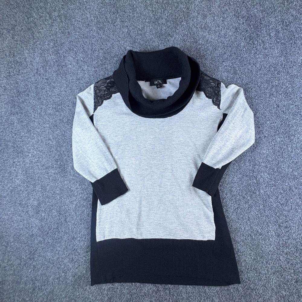 BCX Womens Gray Black Colorblock Cowl Neck Lace Shoulder Knit‎ Sweater Large